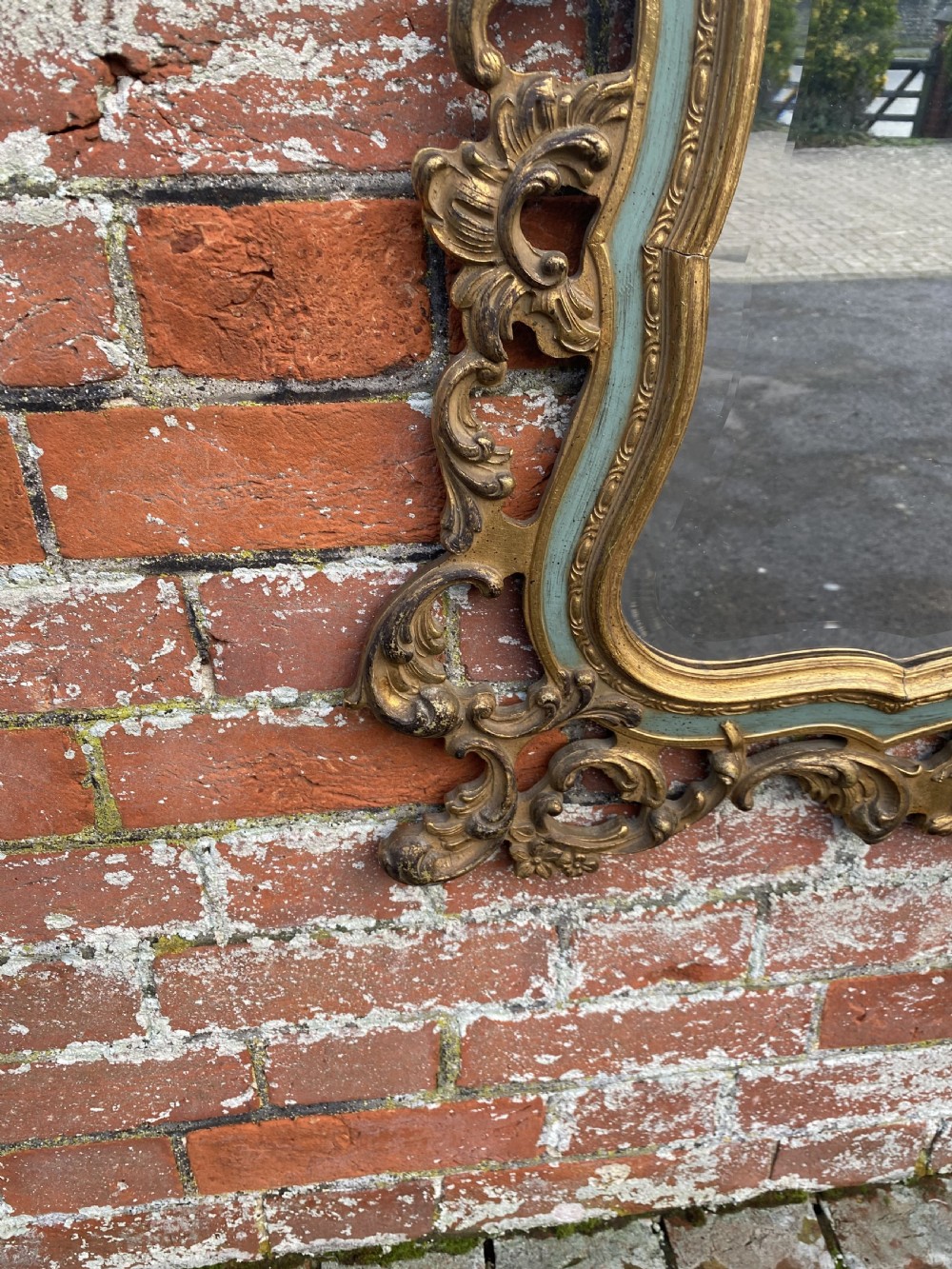 A Fabulous good size Antique Italian 19th Century carved wood original gilt and painted shaped top Mirror. View III