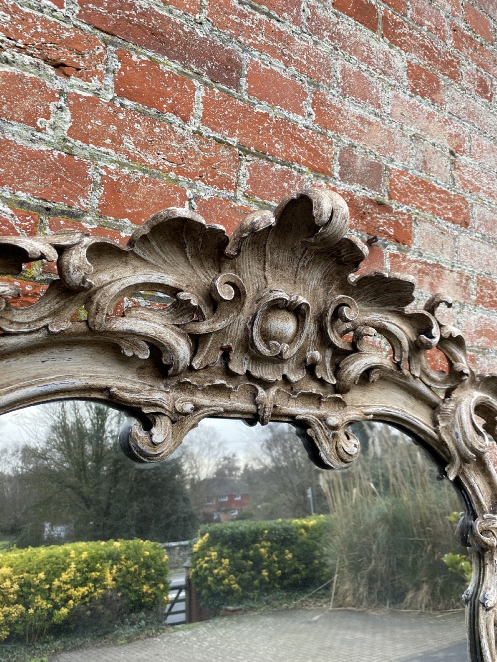 An Exceptional large Antique French 19th Century carved wood painted shaped top Mirror. View VI