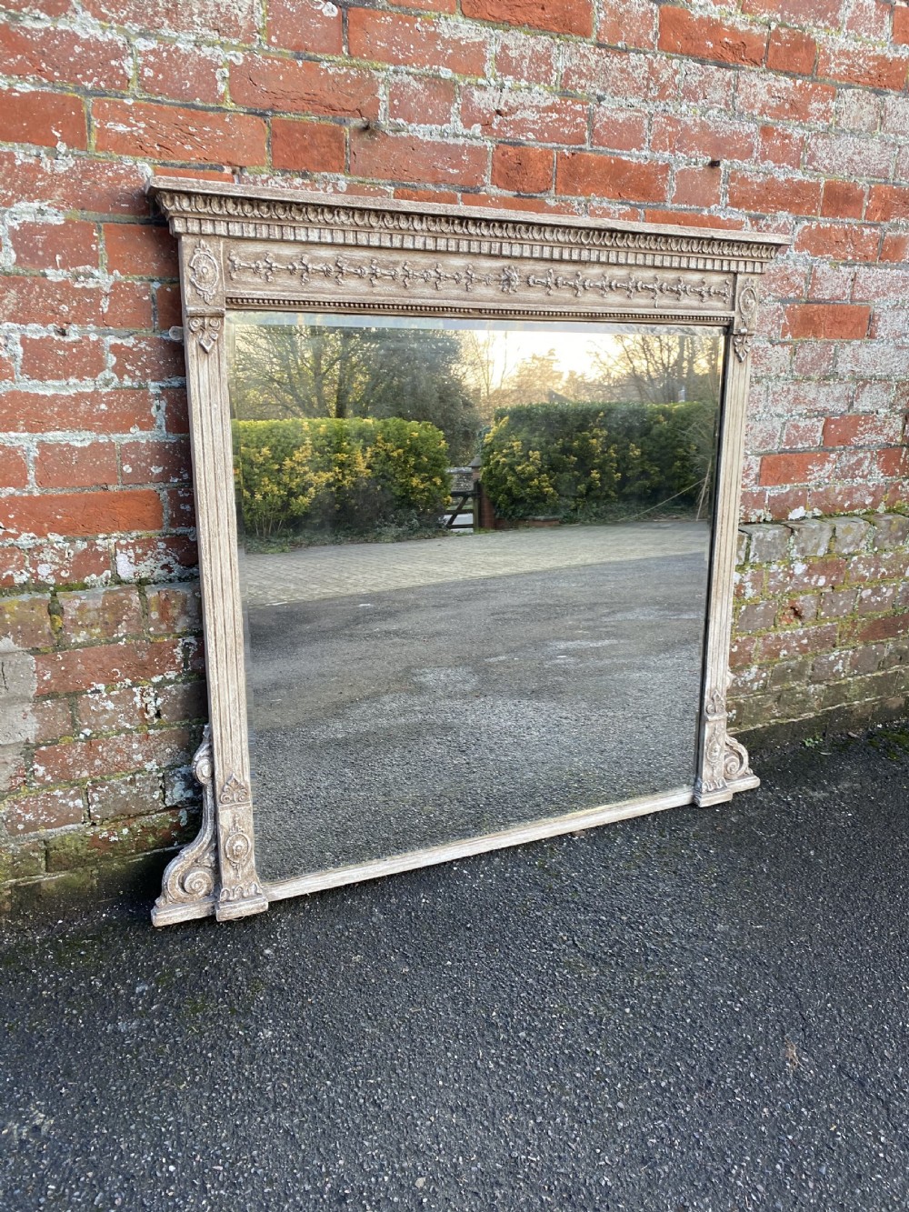 A Stunning large Antique English 19th Century carved wood & gesso painted Column framed Overmantle Mirror.