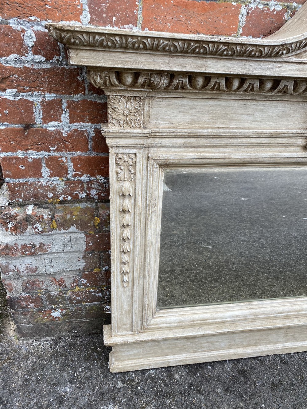A Delightful large Antique English 19th Century carved wood painted Overmantle Mirror. View II