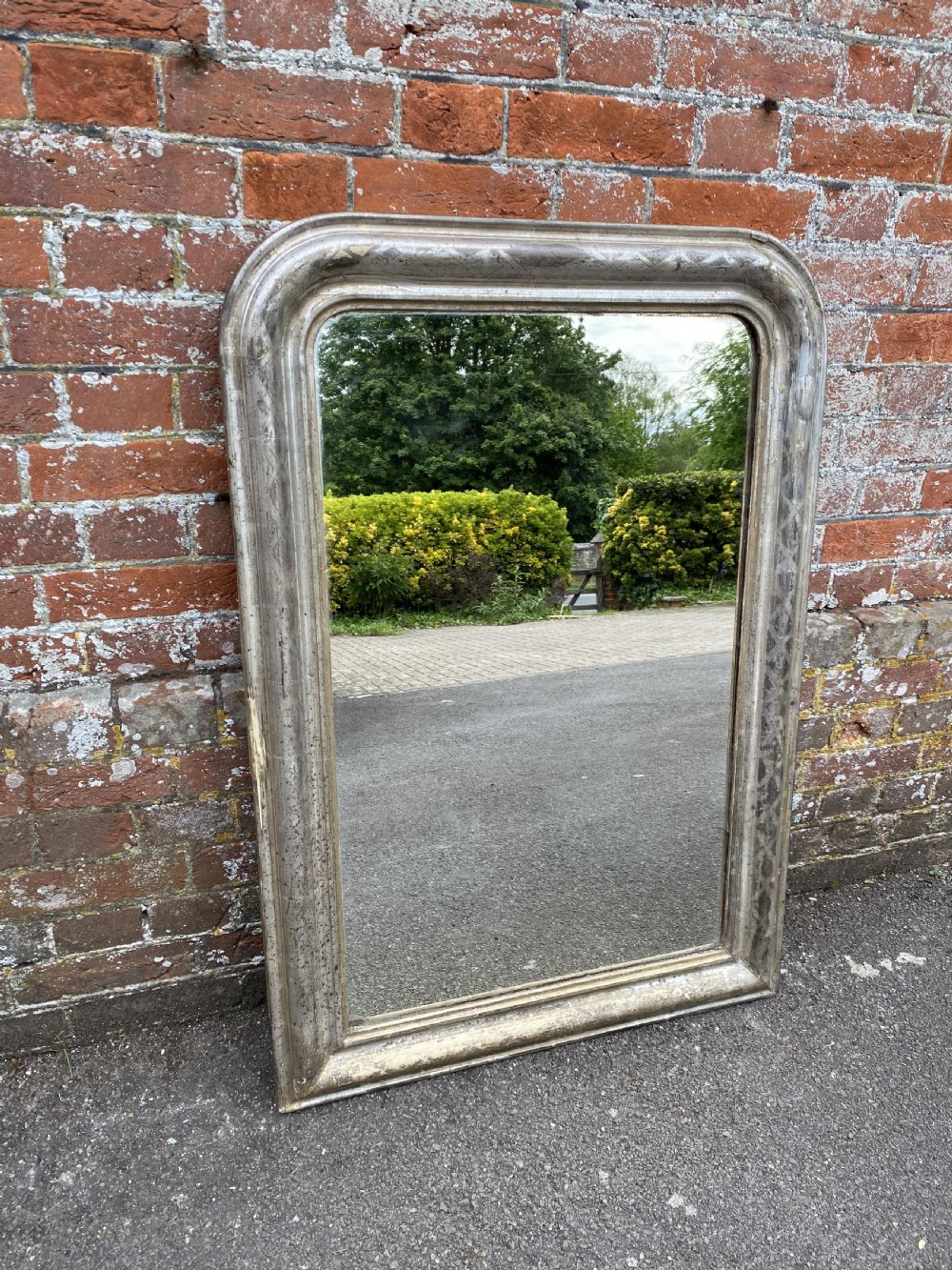 A Stunning highly useful size early Antique French 19th Century carved wood & gesso arched top original silvered etched framed Louis Philippe Mirror. View VI