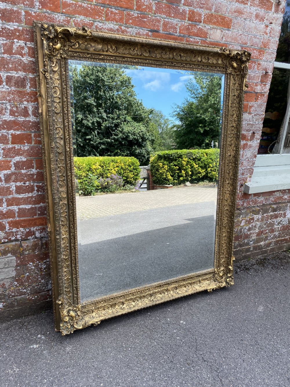 An Exceptional large Antique English 19th Century carved wood & gesso original gilt Mirror. View II
