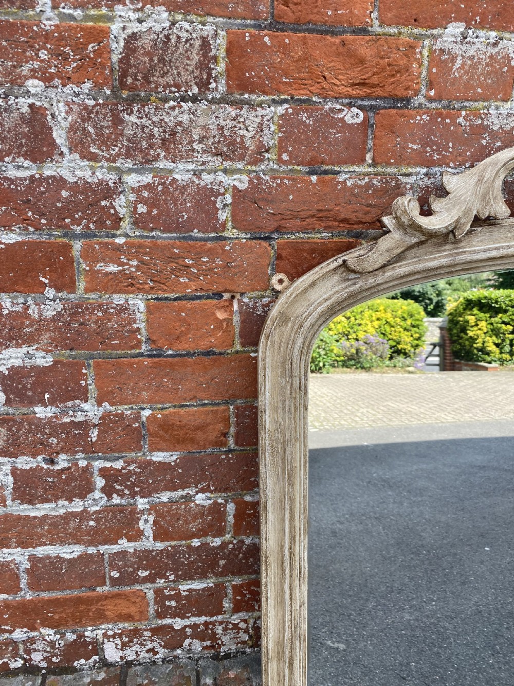A Delightful Antique English 19th Century carved wood arched top painted Overmantle Mirror. View V