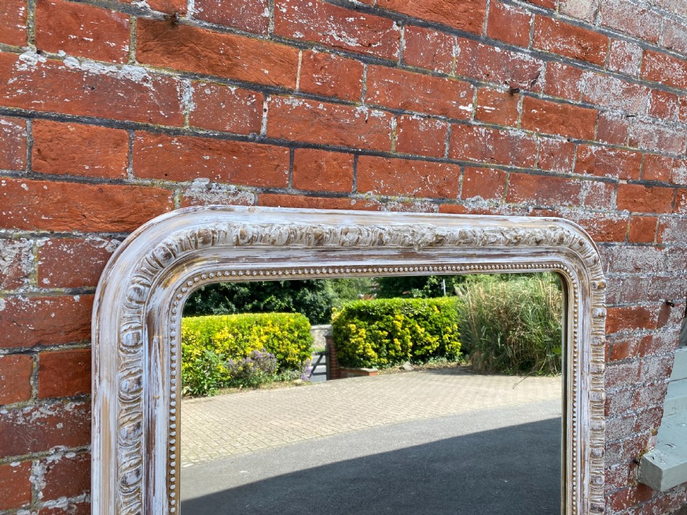 A Fabulous large Antique French 19th Century carved wood & gesso arched top distressed painted & gilt Mirror. View V