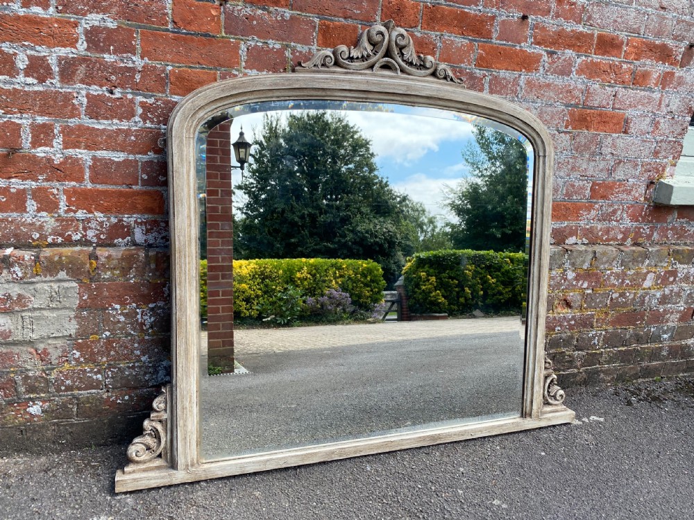 A Superb highly useful size Antique English carved wood painted Overmantle Mirror.