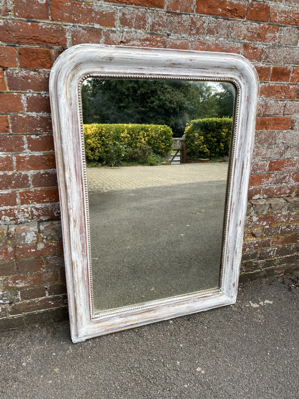 A Stunning Antique French 19th Century carved wood & gesso arched top painted distressed Louis Philippe Mirror.
