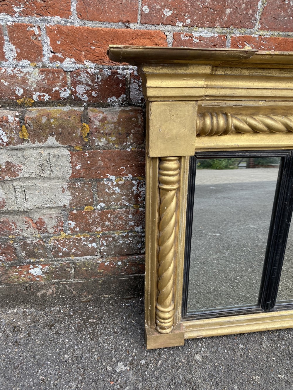 A Fabulous good size English 19th Century carved wood & gesso gilt triple plate Overmantle Mirror. View II