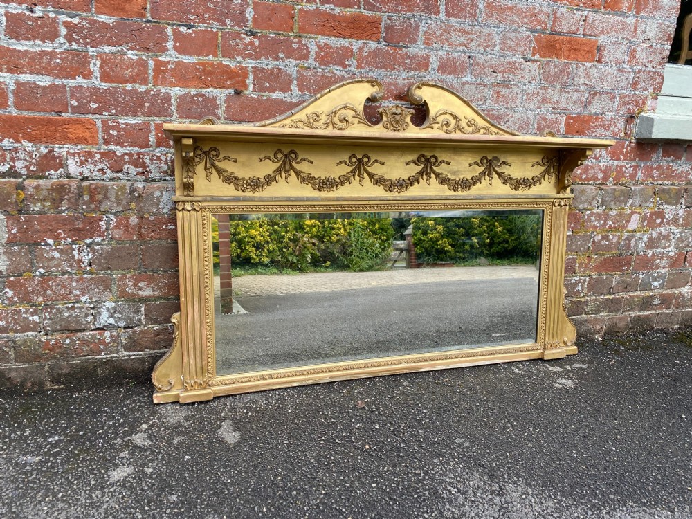 A Superb good size Antique English 19th Century carved wood gilt arched top Overmantle Mirror. View II