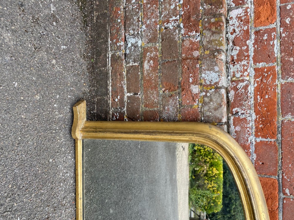 A Delightful highly useful size Antique English 19th Century arched top carved wood & gesso gilt Overmantle Mirror. View II