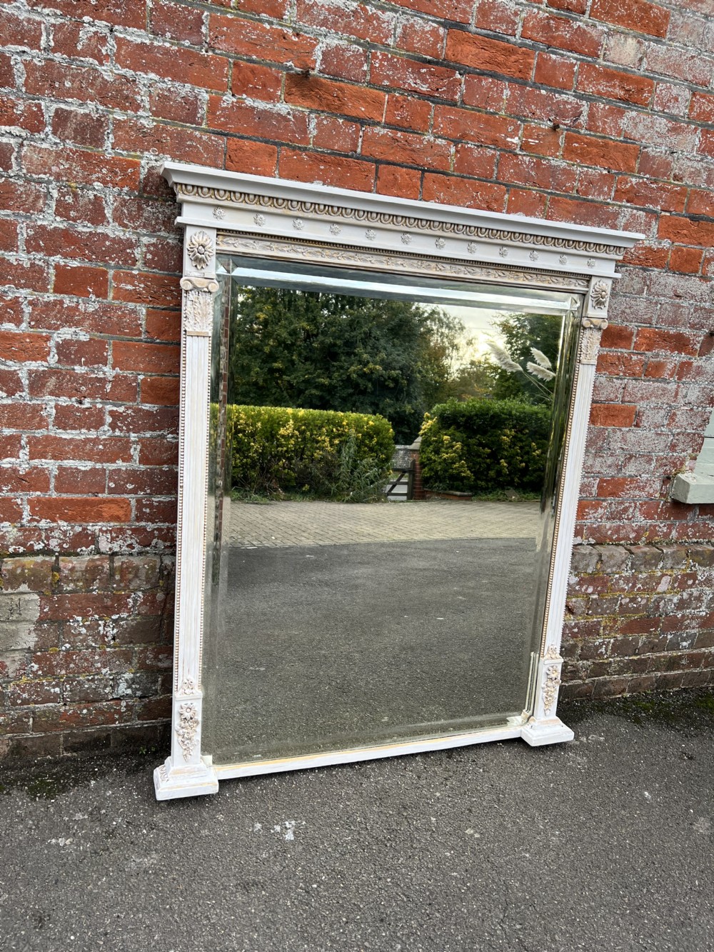 A Fabulous large Antique English 19th Century carved wood and gesso painted Overmantle Mirror. View II