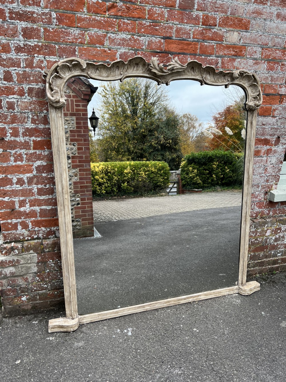 A Superb large 19th Antique English carved wood & gesso ornate shaped top painted Overmantle Mirror. View VII
