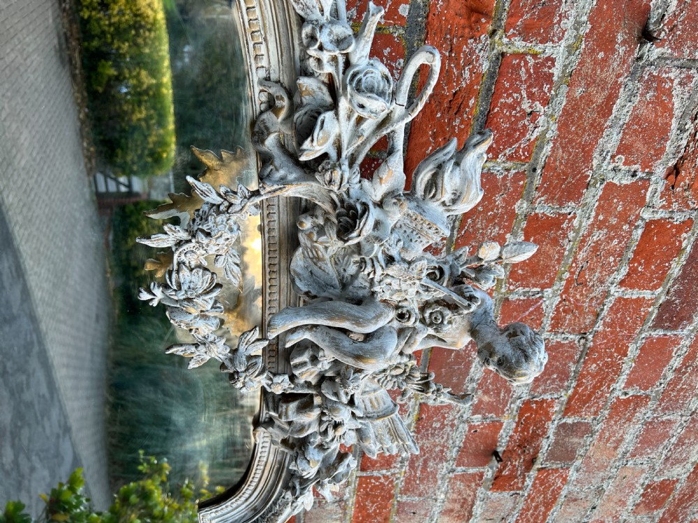 A Stunning large Antique French 19th Century carved wood & gesso shaped top painted Mirror. View VI