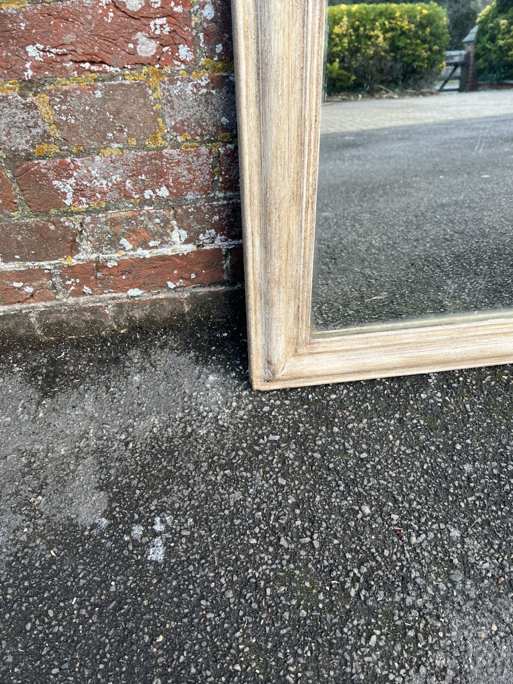 A Highly useful size Antique French 19th Century carved wood & gesso arched top painted Mirror. View III