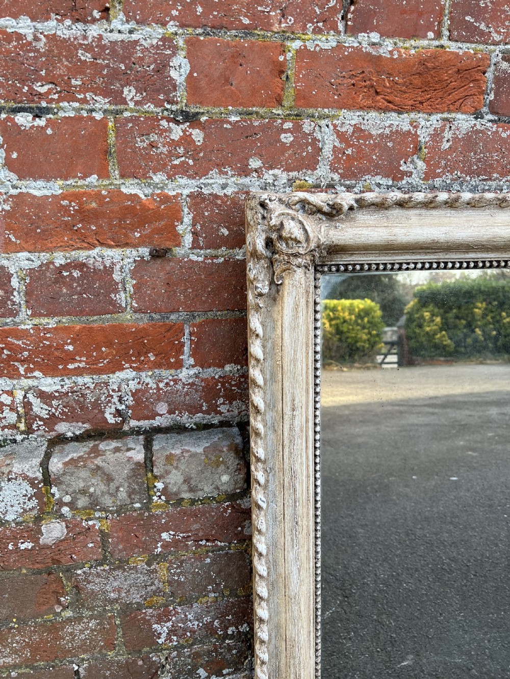 A Delightful good size Antique French 19th Century carved wood & gesso ribbed framed painted Mirror. View V
