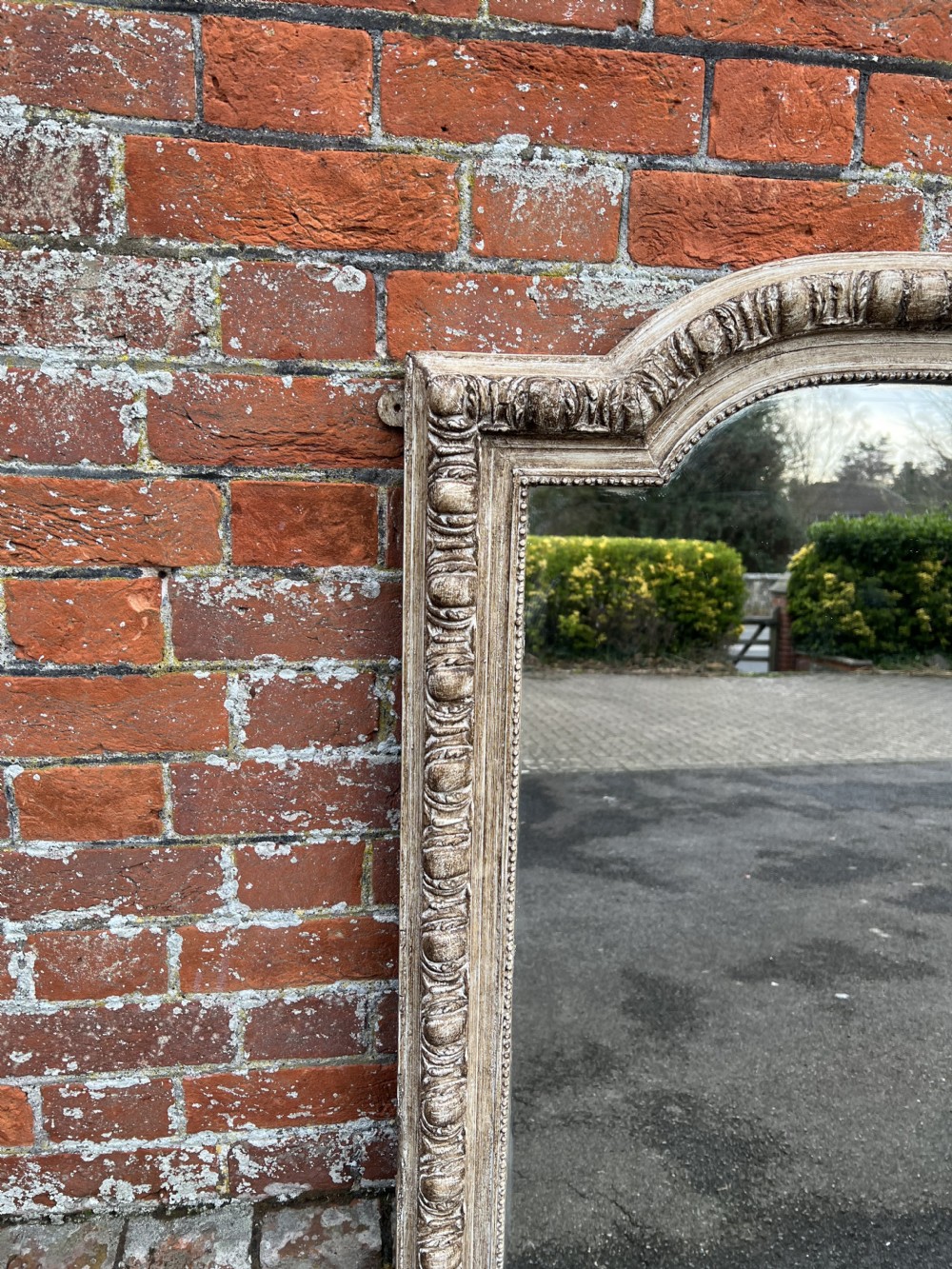 A Delightful large Antique French 19th Century carved wood & gesso shaped top Painted Mirror. View II