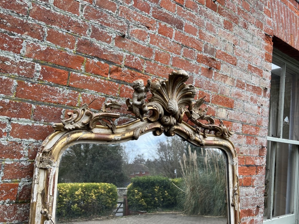 An Exceptional large Antique Early 19th Century French carved wood & gesso original gilt & painted distressed shaped top Mirror, View V