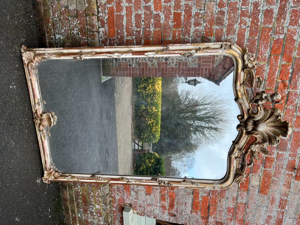 An Exceptional large Antique Early 19th Century French carved wood & gesso original gilt & painted distressed shaped top Mirror, View VII