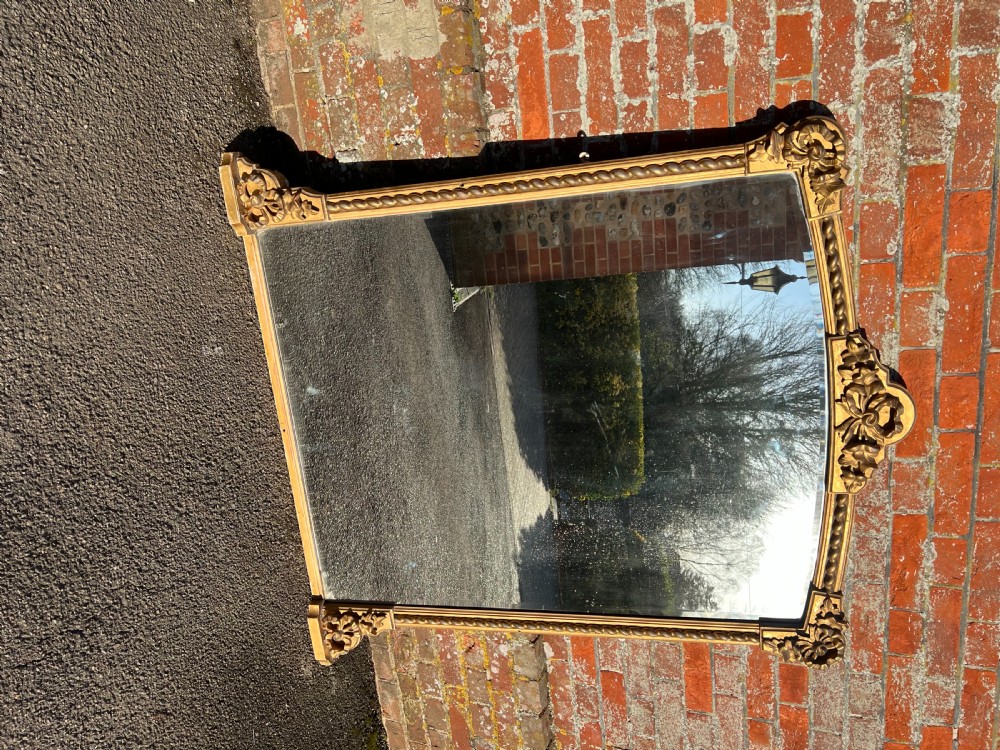 A Superb large Antique English 19th Century carved wood & gesso shaped top original gilt Overmantle Mirror. View VII