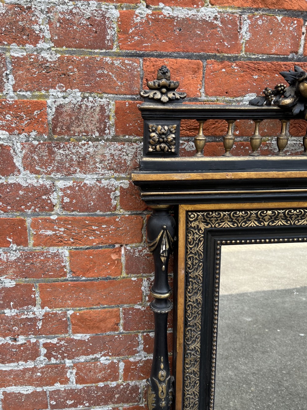 A Fabulous Large Antique French 19th Century carved wood & gesso original black & gilt Mirror. View II