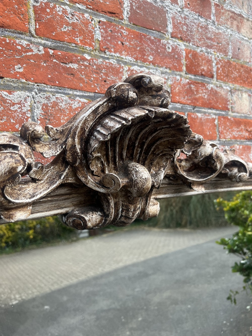 A Spectacular Large Antique English 19th Century carved wood painted Arched top Overmantle Mirror. View V