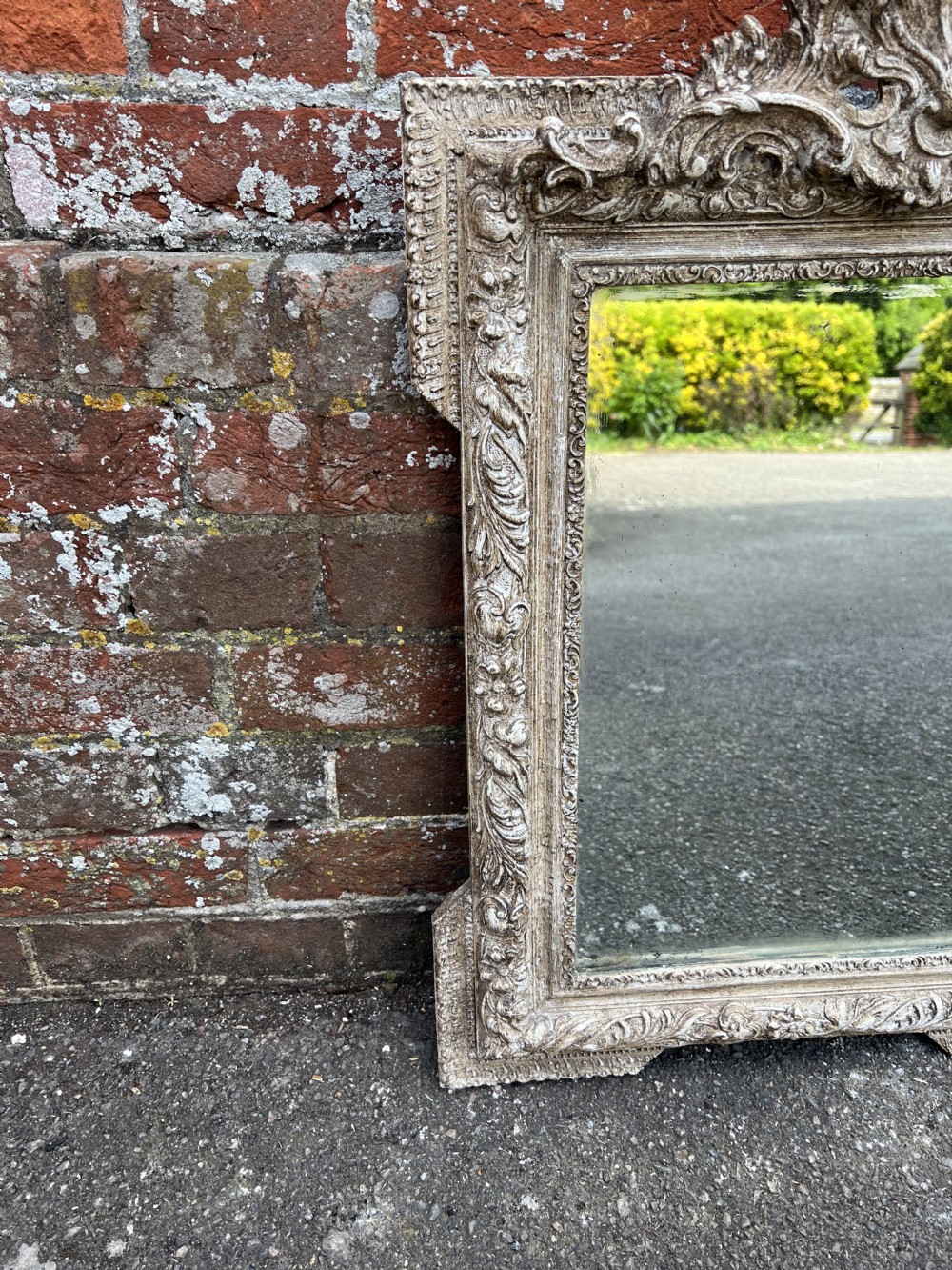 A Wonderful highly useful size Antique French 19th C carved wood & gesso painted Mirror. View V