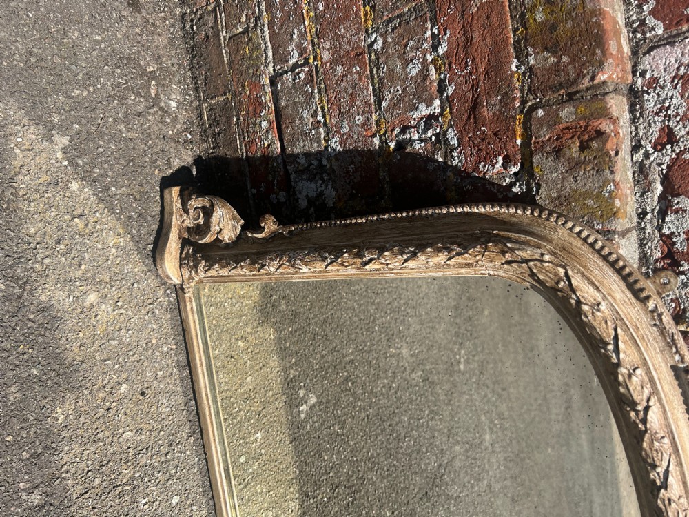 A Delightful highly useful size Antique English 19th Century carved wood & gesso arched top painted Overmantle Mirror. View II
