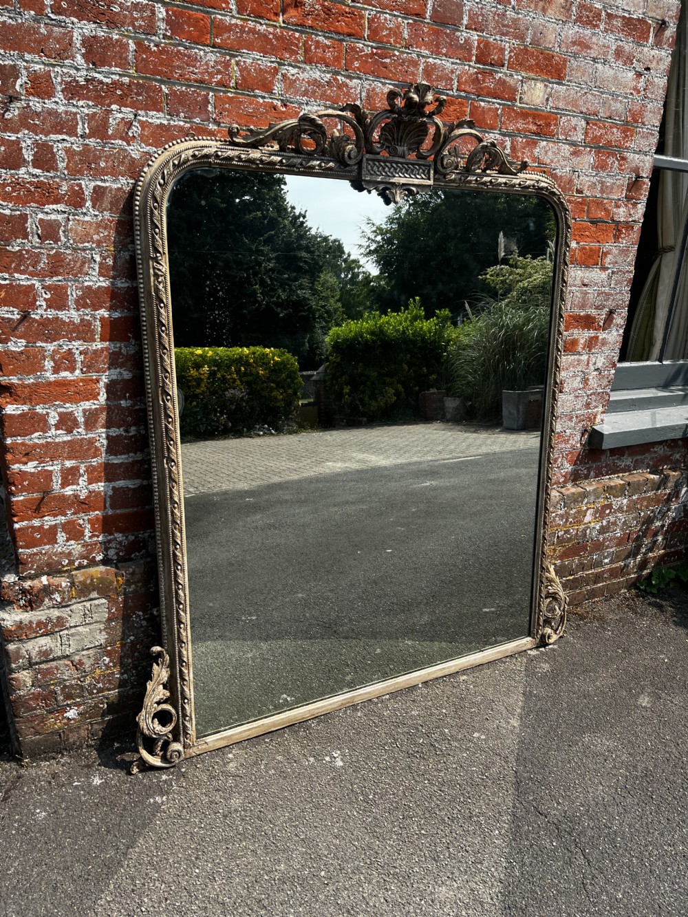 A Spectacular Large Antique English 19th C carved wood & gesso arched top painted ribbed framed Overmantle Mirror. View VII