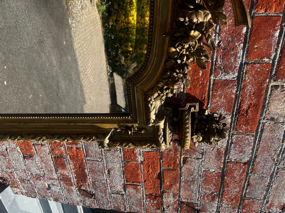 An Exceptional large Antique French 19th Century carved wood & gesso original gilt shaped top Mirror. View VI