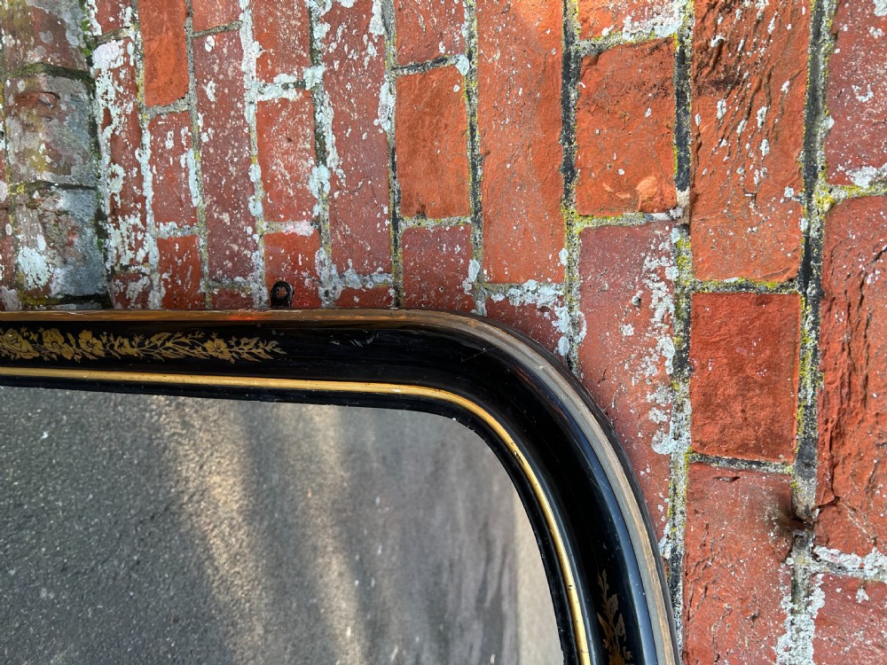 An Exceptional highly useful size Antique English 19th Century Black & Gilt painted arched top Overmantle Mirror. View II