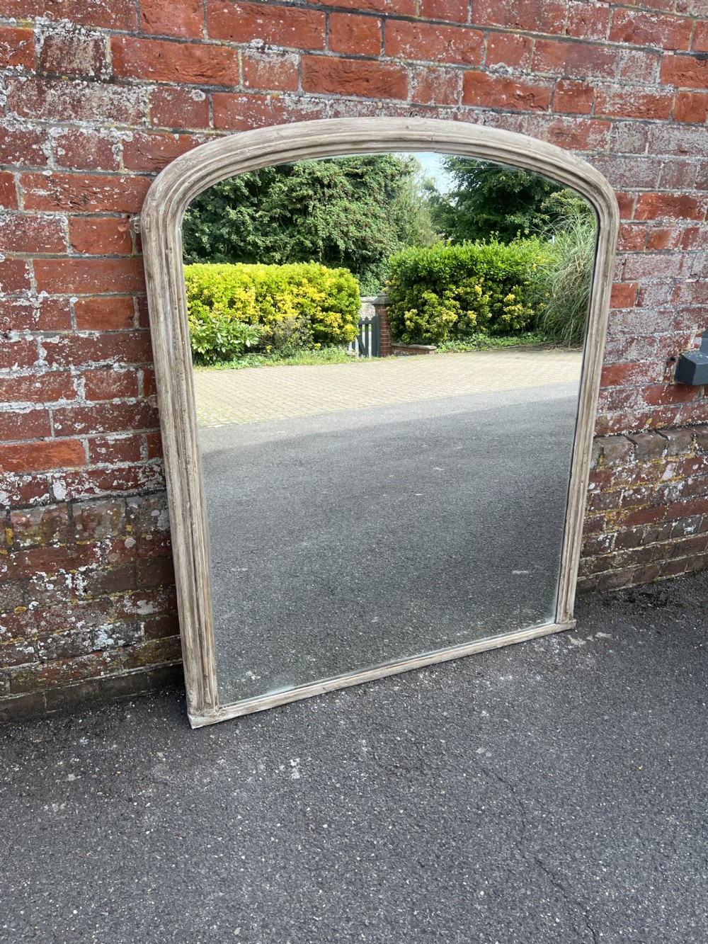 A Delightful large Antique English 19th Century carved wood & gesso arched top painted plain Overmantle Mirror. View VI