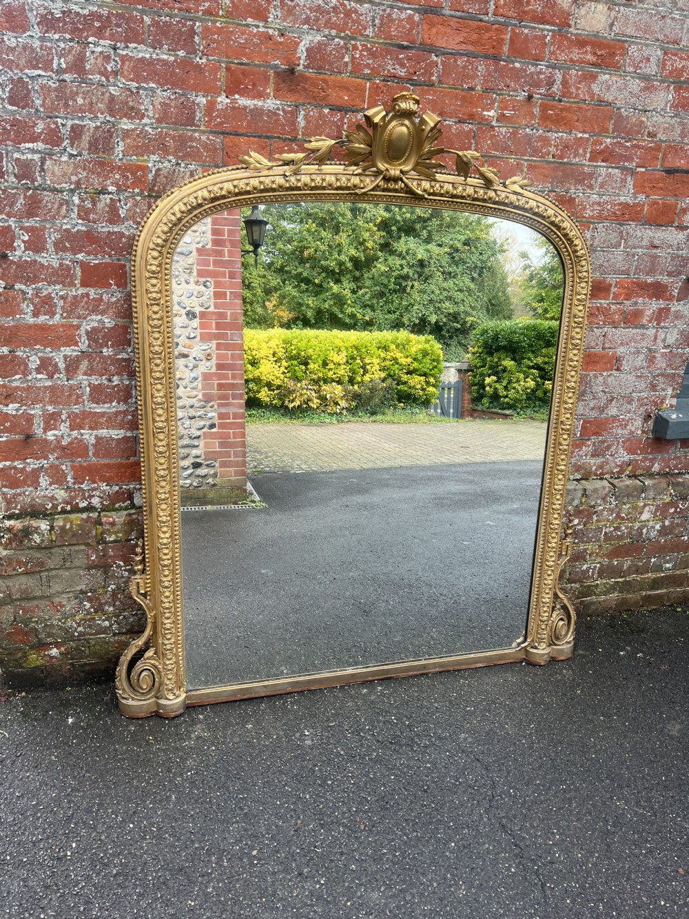 A Splendid large Antique English 19th Century carved wood & gesso arched top original gilt Overmantle Mirror. View VII
