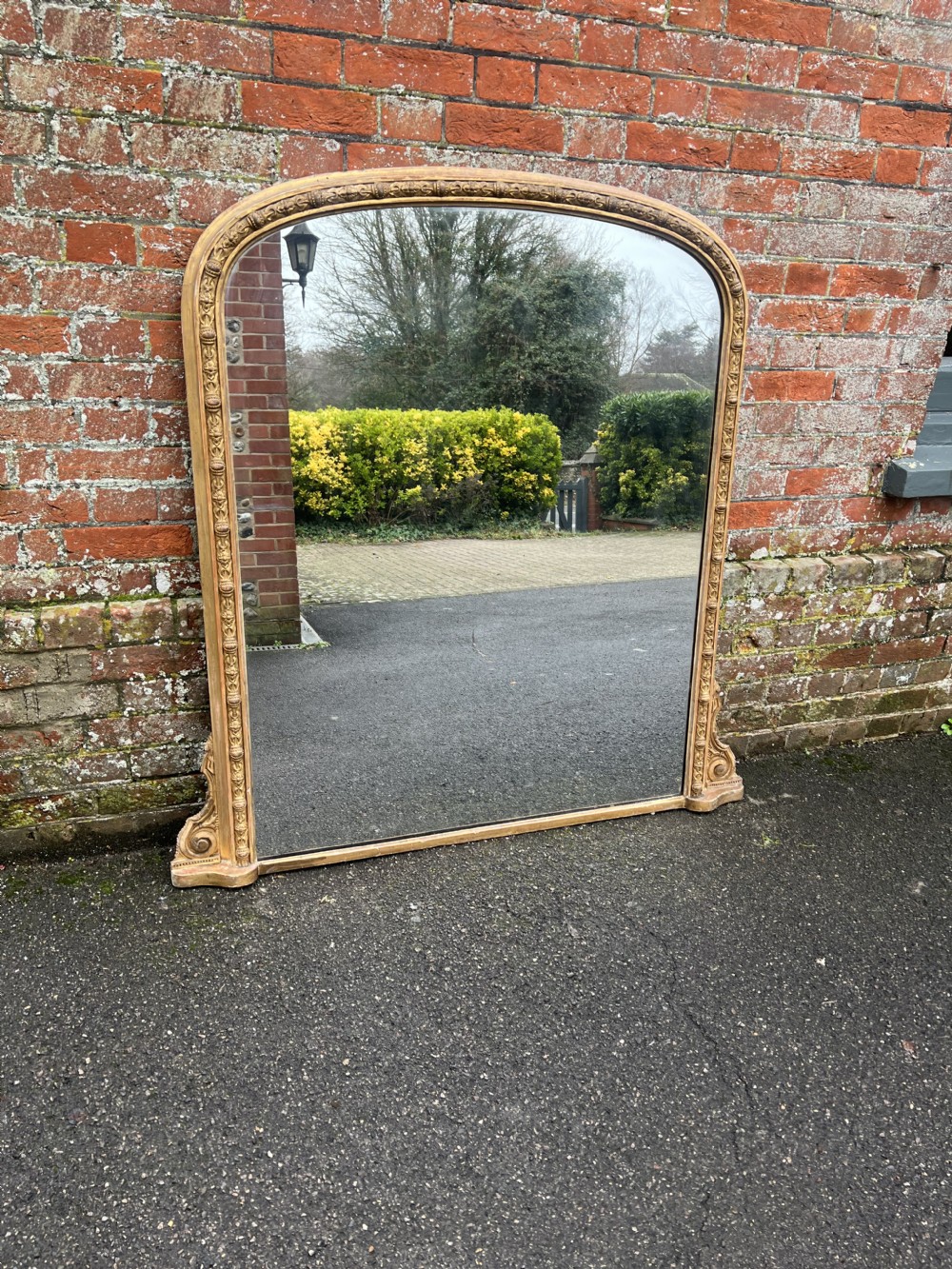 A Stunning large Antique English 19th Century carved wood & gesso arched top ornate framed gilt Overmantle Mirror.