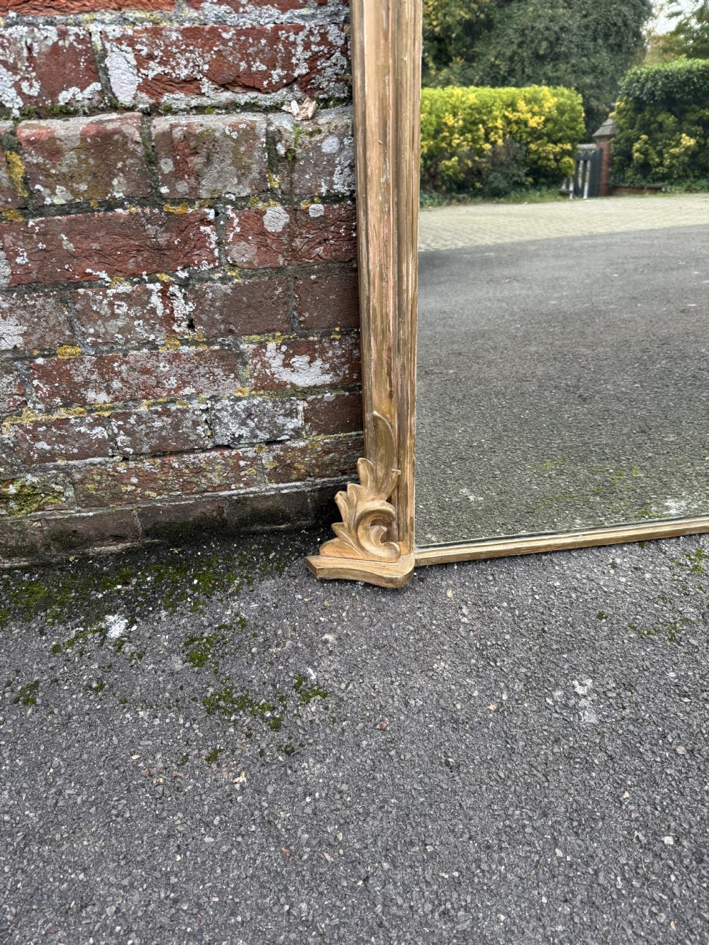 A Delightful good size Antique English 19th Century carved wood & gesso arched top distressed gilt Overmantle Mirror. View III
