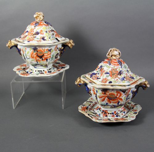 a pair of masons ironstone sauce tureens water lily pattern - CATEGORY: ANTIQUE CERAMICS - DATED 19TH CENTURY