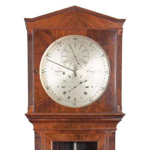 fig 1. A Victorian flame mahogany regulator longcase clock featuring a silvered dial with subsidiary dials and a glass door displaying a compensated pendulum.