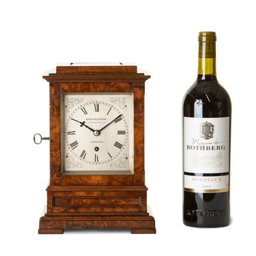 fig 1. A SMALL BURR WALNUT ENGLISH FIVE-GLASS LIBRARY TIMEPIECE CLOCK