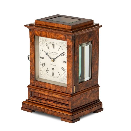 fig 2. A SMALL BURR WALNUT ENGLISH FIVE-GLASS LIBRARY TIMEPIECE CLOCK
