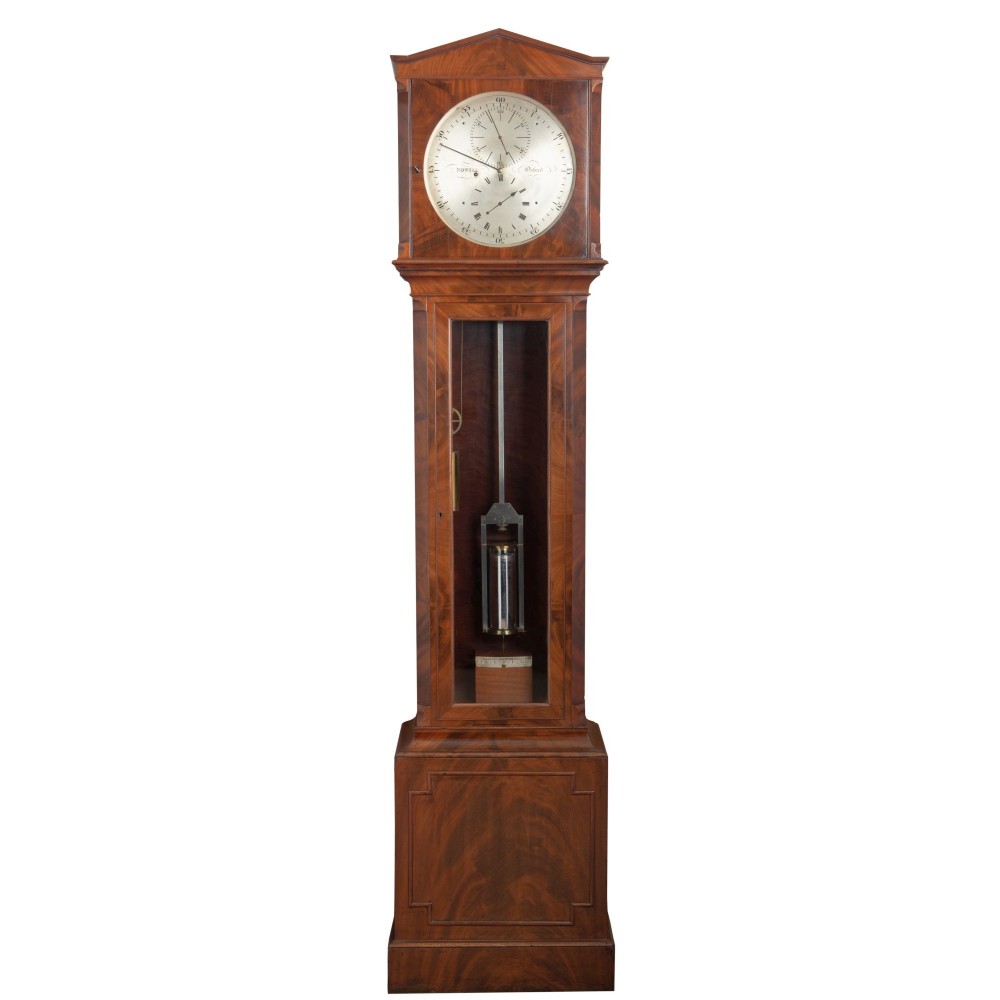 A Victorian flame mahogany regulator longcase clock featuring a silvered dial with subsidiary dials and a glass door displaying a compensated pendulum.