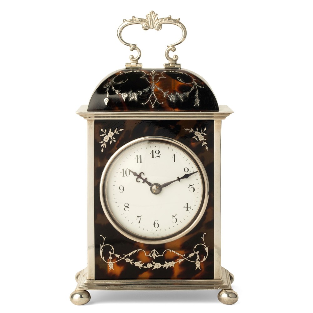 A SILVER MOUNTED & INLAID TORTOISESHELL STRIKING CARRIAGE CLOCK
