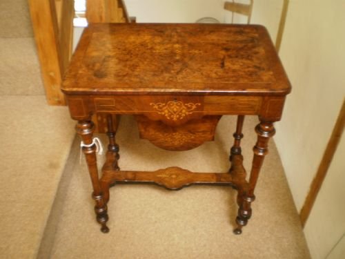 Table Sewing Work Fine Victorian Burr Walnut Inlaid
