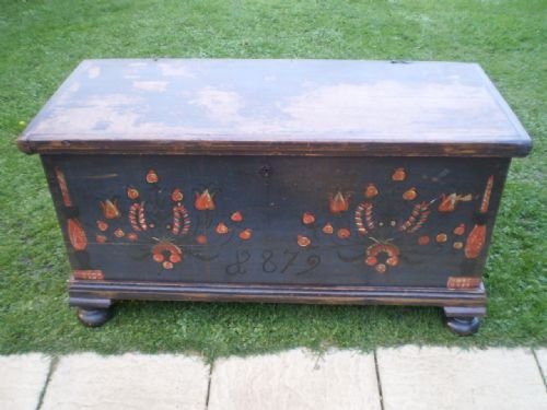 fig 1. Blanket box Victorian pine Marriage chest original Paint dated 1879