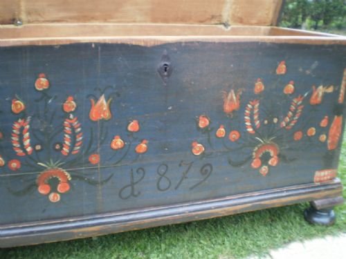 fig 4. Blanket box Victorian pine Marriage chest original Paint dated 1879