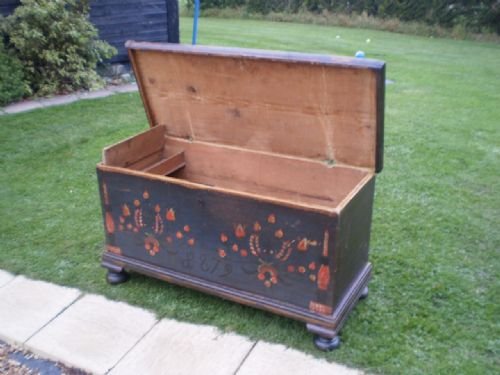 fig 3. Blanket box Victorian pine Marriage chest original Paint dated 1879
