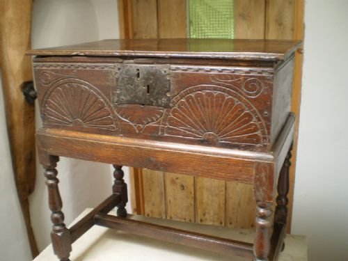fig 1. Bible box 17th century Oak c1680 on Victorian stand