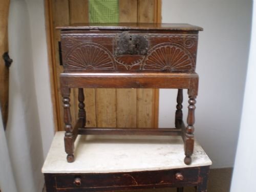 fig 2. Bible box 17th century Oak c1680 on Victorian stand