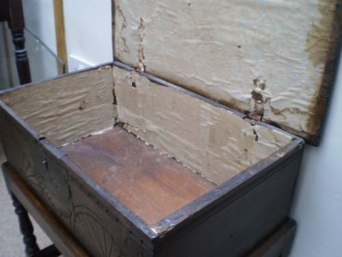 fig 3. Bible box 17th century Oak c1680 on Victorian stand