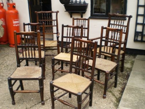 Chairs 19th Century Oak and Ash Rush Seated Lancashire Set of Eight