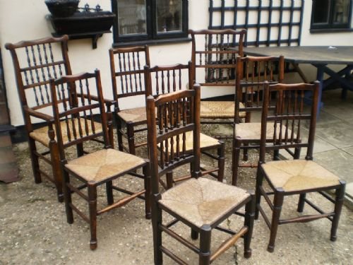 fig 1. Chairs 19th century Oak and Ash rush seated Lancashire set of eight