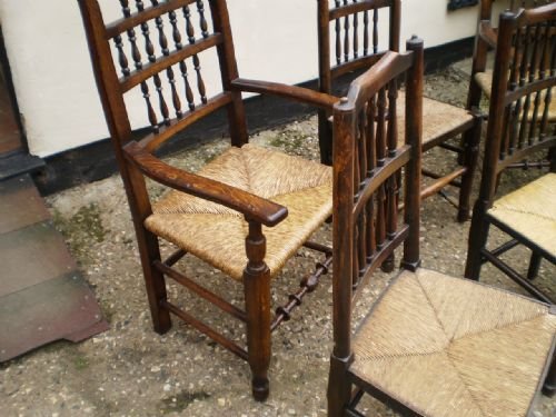 fig 2. Chairs 19th century Oak and Ash rush seated Lancashire set of eight