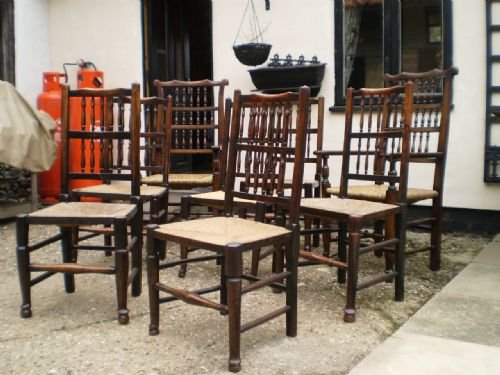 fig 3. Chairs 19th century Oak and Ash rush seated Lancashire set of eight